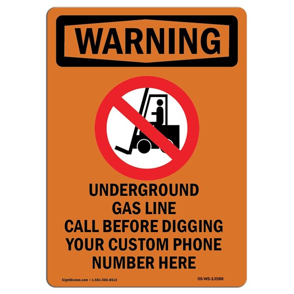 Safety Sign, OSHA WARNING, 5" Height, Underground Gas Line, Portrait, 10PK